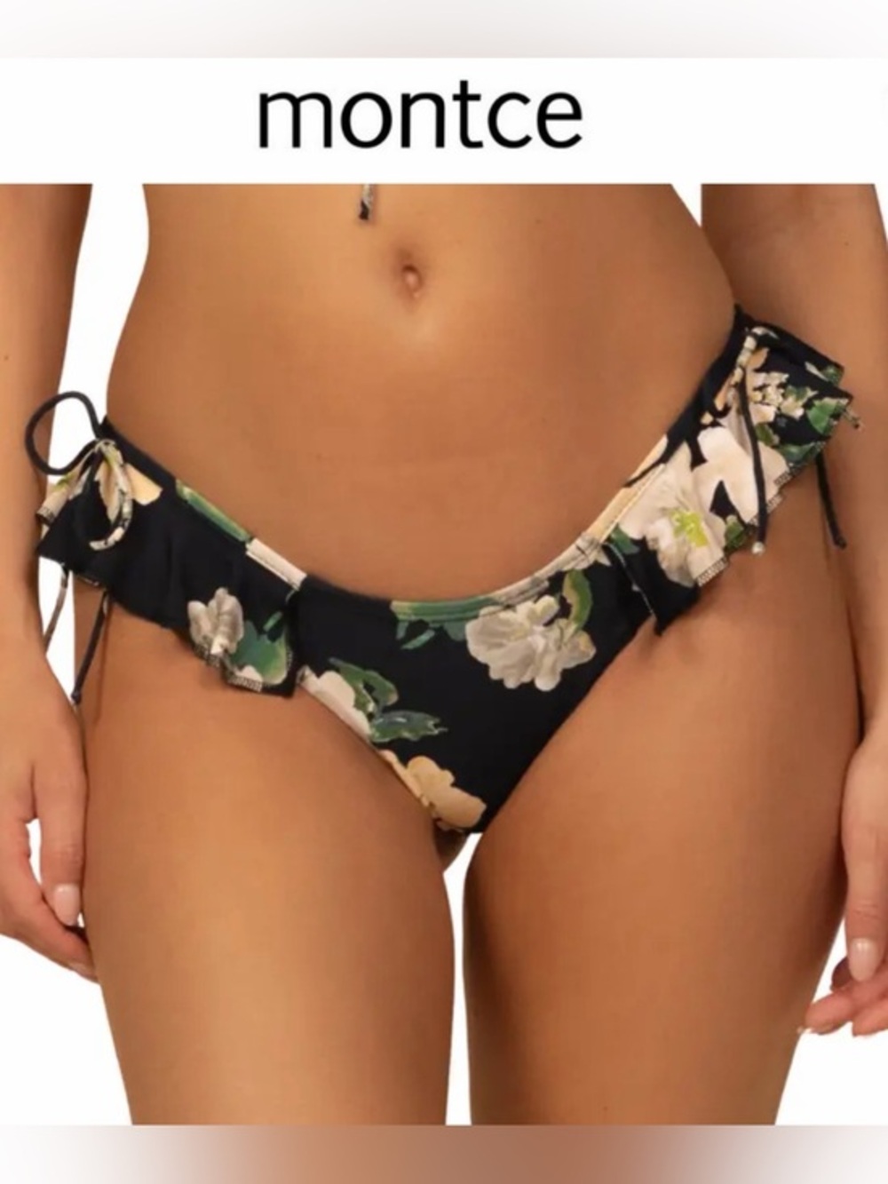Montce Uno Ruffle Bows Bikini Bottom Black Floral Liz Floral XS $122